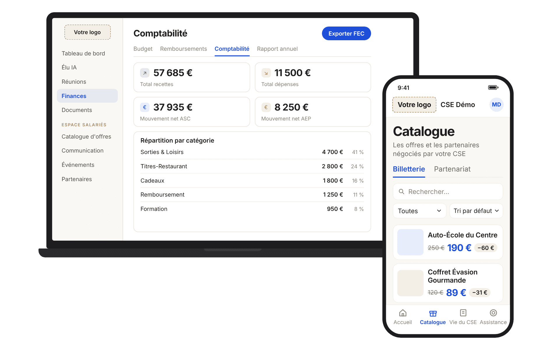 Portail CSEasy aux couleurs du CSE : comptabilité côté élus sur ordinateur, catalogue d'offres côté salariés sur téléphone.