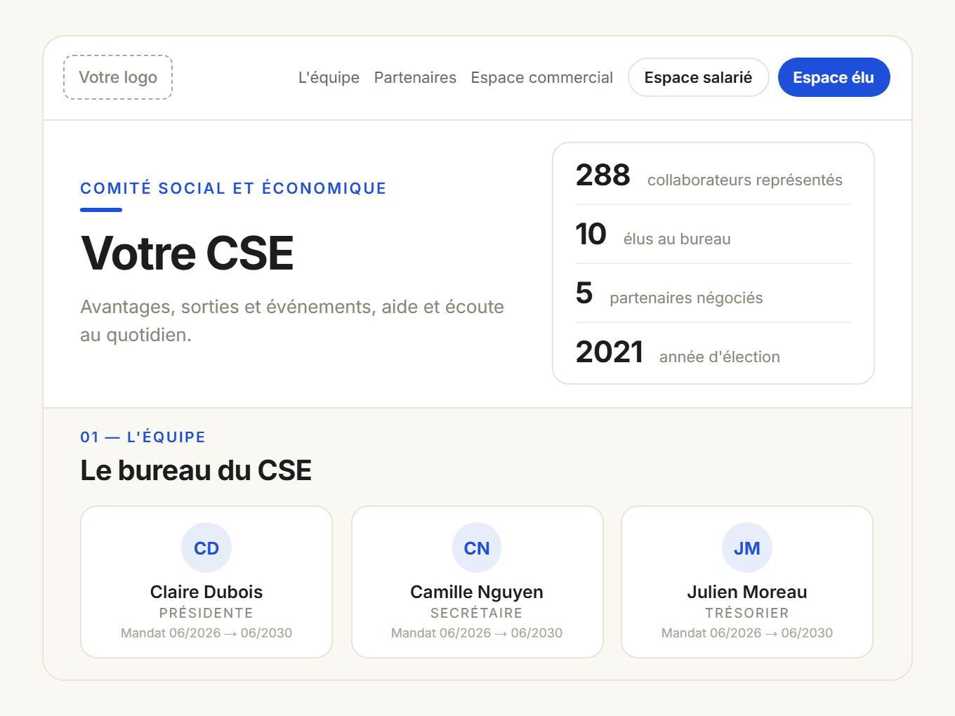 Aperçu du portail public d’un CSE, personnalisable aux couleurs de l’entreprise